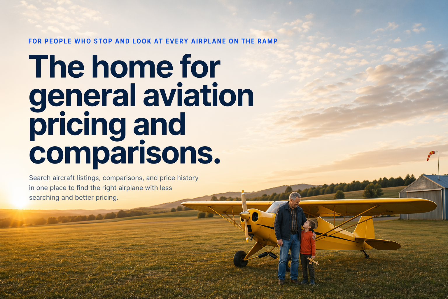 Yellow Cub aircraft scene with homepage headline and subheadline